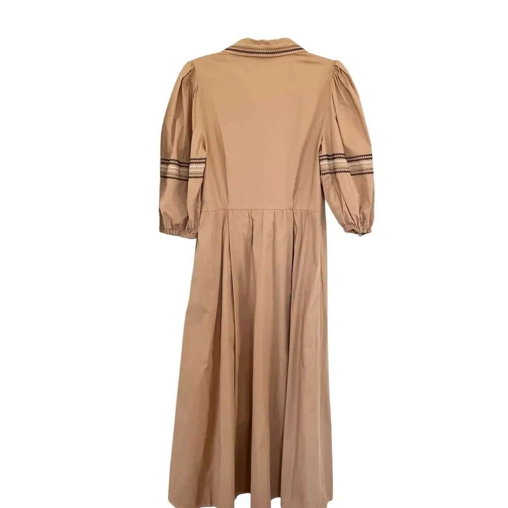 Sfizio Tan Embroidered Poplin Puff Short Sleeve A-Line Midi Shirt Dress Size 4